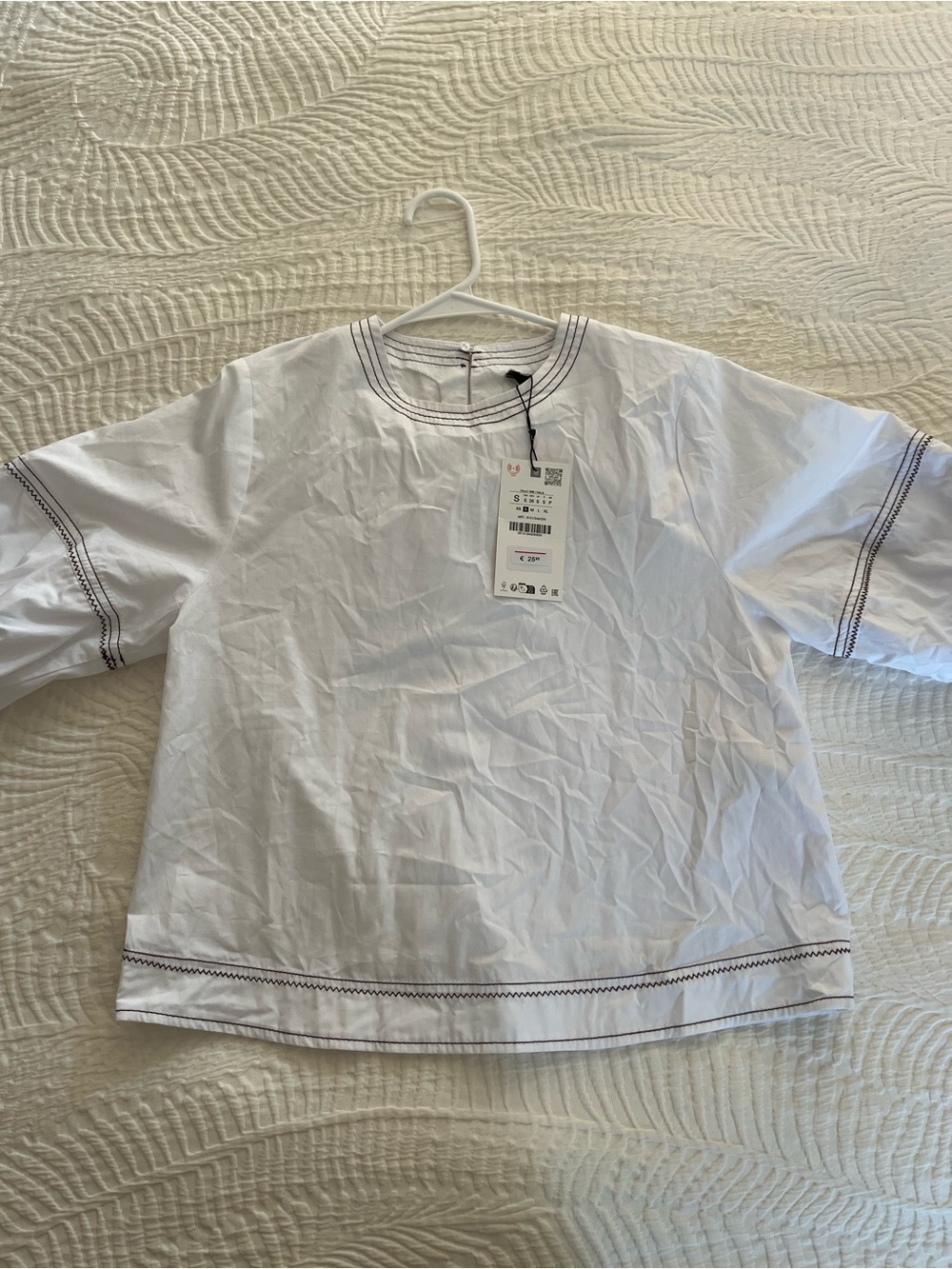 White Poplin Blouse with Brown Contrast Stitching